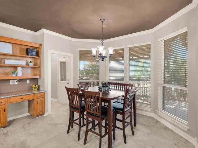 3300 S Bay Breeze Ln, Fort Worth, TX 76179 - dining room featuring a chandelier, ornamental molding, baseboards, and a desk