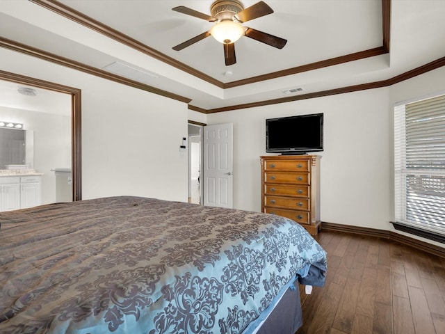 3300 S Bay Breeze Ln, Fort Worth, TX 76179 - bedroom featuring a raised ceiling, dark wood finished floors, ornamental molding, baseboards, and ensuite bath