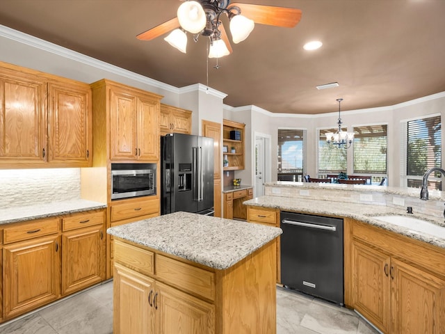 3300 S Bay Breeze Ln, Fort Worth, TX 76179 - kitchen with dishwasher, high quality fridge, stainless steel microwave, a sink, and a chandelier
