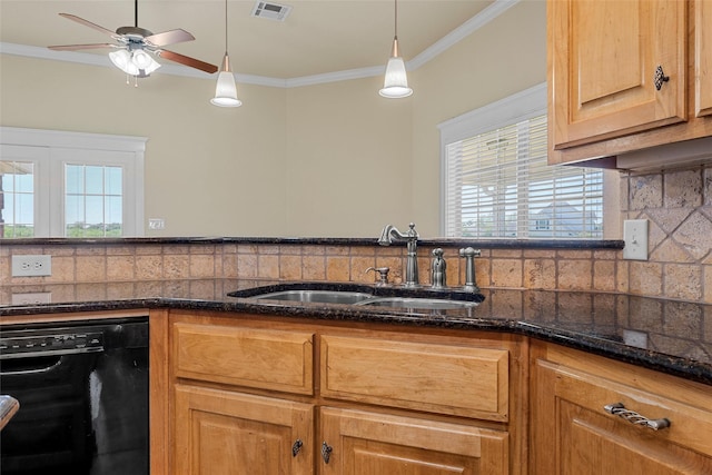 110 Bob White Cir, Lorena, TX 76655 - kitchen featuring ornamental molding, visible vents, a sink, and black dishwasher