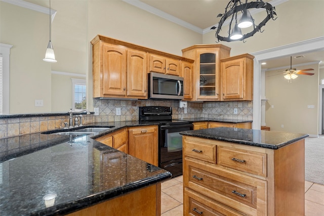 110 Bob White Cir, Lorena, TX 76655 - kitchen featuring a sink, dark stone countertops, stainless steel microwave, light tile patterned flooring, and black electric range