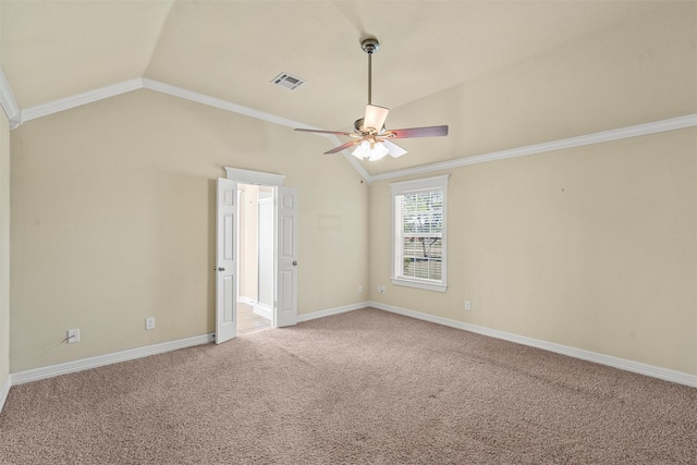 110 Bob White Cir, Lorena, TX 76655 - spare room featuring light carpet, vaulted ceiling, visible vents, ceiling fan, and ornamental molding