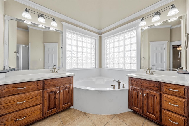 110 Bob White Cir, Lorena, TX 76655 - bathroom featuring a bath, tile patterned floors, two vanities, a sink, and crown molding
