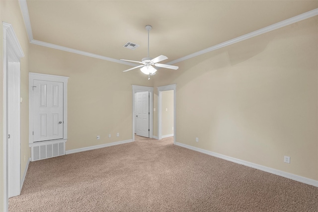 110 Bob White Cir, Lorena, TX 76655 - spare room with baseboards, visible vents, light colored carpet, a ceiling fan, and ornamental molding