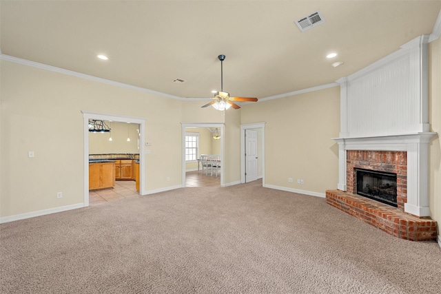110 Bob White Cir, Lorena, TX 76655 - unfurnished living room featuring a fireplace, visible vents, light colored carpet, and ornamental molding