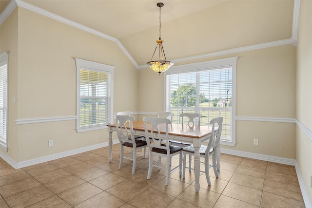 110 Bob White Cir, Lorena, TX 76655 - dining area featuring vaulted ceiling, baseboards, ornamental molding, and light tile patterned flooring