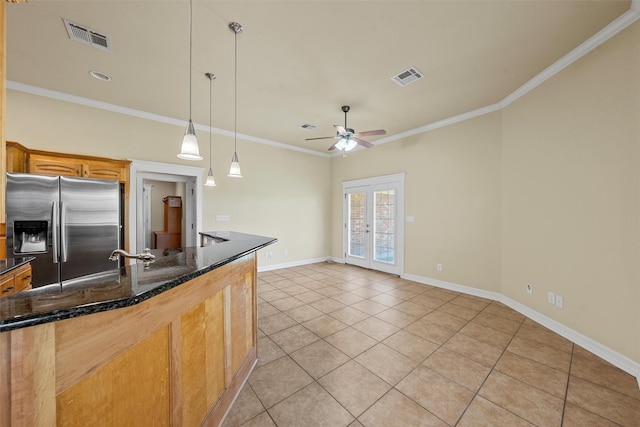 110 Bob White Cir, Lorena, TX 76655 - kitchen featuring french doors, visible vents, stainless steel fridge, and light tile patterned floors