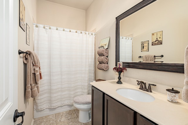 bathroom featuring toilet, vanity, tile patterned floors, and shower / bathtub combination with curtain