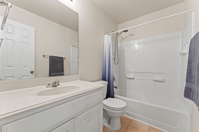 bathroom with vanity, tile patterned flooring, toilet, and shower / tub combo with curtain