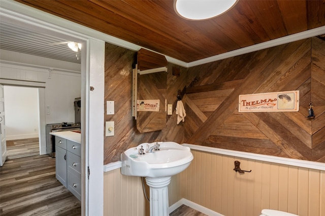479 County Road 27450, Honey Grove, TX 75477 - bathroom featuring wood finished floors, wood walls, and a sink