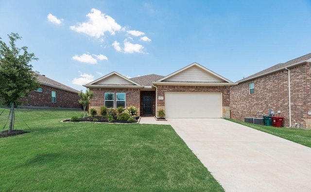 ranch-style home with brick siding, a front lawn, driveway, and a garage