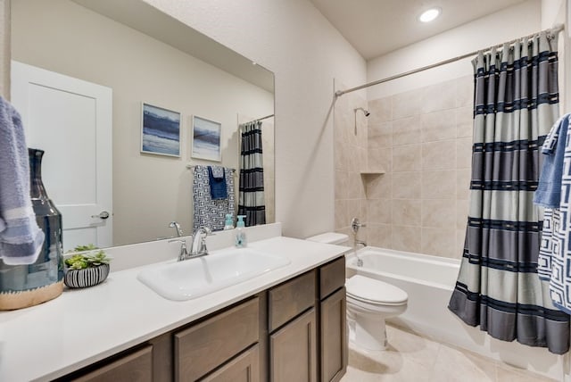 bathroom with tile patterned floors, vanity, shower / tub combo, toilet, and recessed lighting