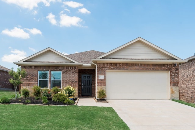 ranch-style house featuring a front lawn, concrete driveway, a garage, brick siding, and a shingled roof