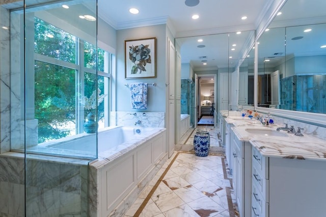 bathroom with a bath, recessed lighting, marble finish floor, vanity, and ornamental molding
