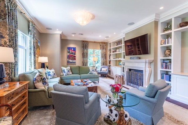 living area with recessed lighting, visible vents, ornamental molding, a fireplace, and built in features