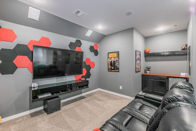 2061 Miramar Dr, Little Elm, TX 75068 - carpeted home theater featuring baseboards, vaulted ceiling, and visible vents