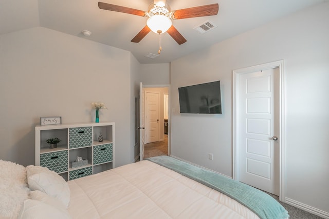 2061 Miramar Dr, Little Elm, TX 75068 - bedroom featuring lofted ceiling, visible vents, baseboards, carpet flooring, and ceiling fan