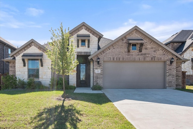 1503 Evening Primrose Dr, Mansfield, TX 76063 - french provincial home with driveway, brick siding, an attached garage, a front lawn, and a shingled roof