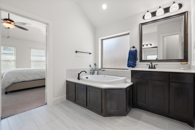 1503 Evening Primrose Dr, Mansfield, TX 76063 - bathroom with vaulted ceiling, a garden tub, ensuite bathroom, vanity, and ceiling fan