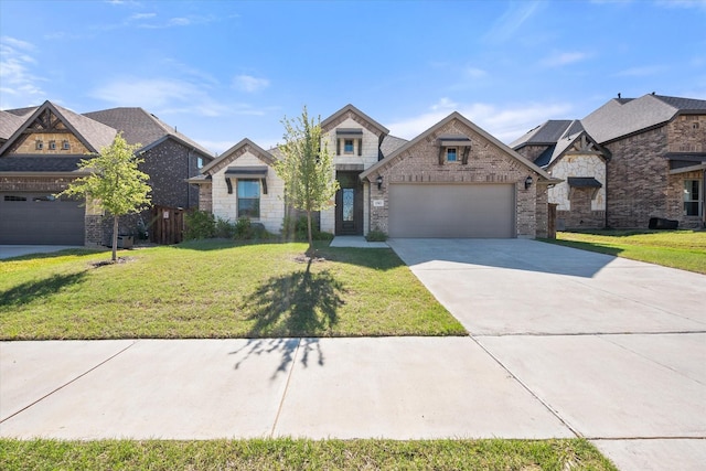 1503 Evening Primrose Dr, Mansfield, TX 76063 - french country home featuring brick siding, a garage, driveway, and a front yard
