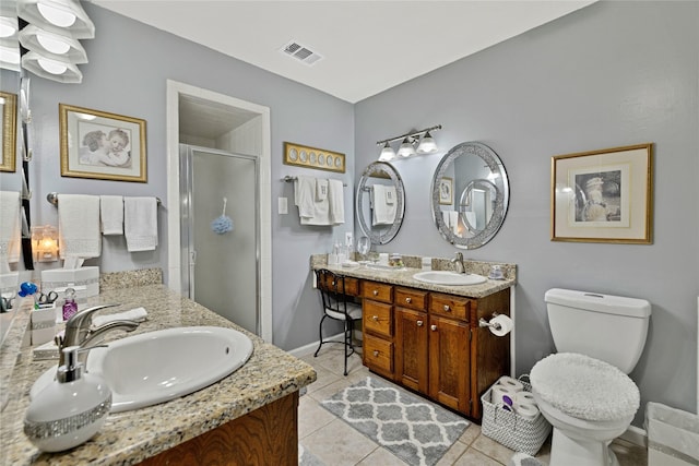 bathroom with tile patterned floors, visible vents, toilet, vanity, and a stall shower