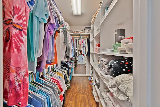 walk in closet with wood finished floors