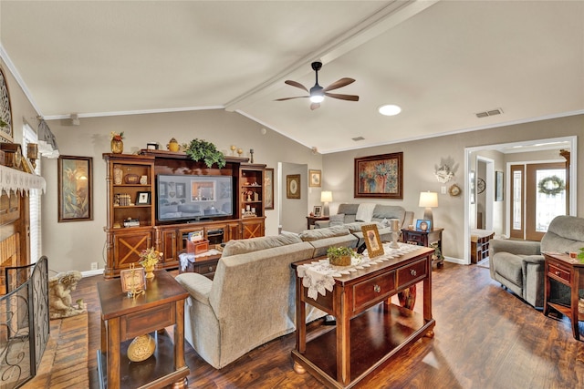 living area with a ceiling fan, baseboards, a brick fireplace, dark wood-type flooring, and visible vents