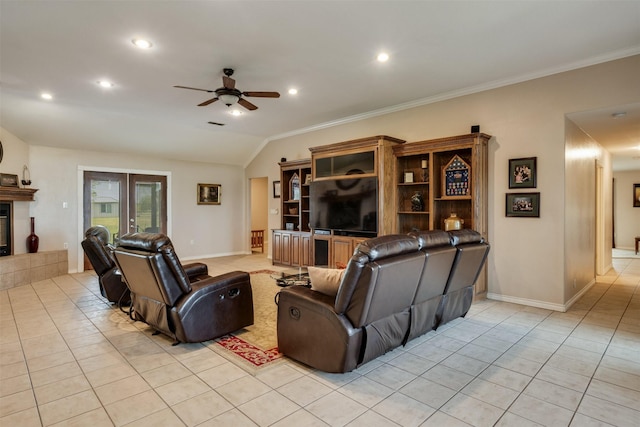 living room with light tile patterned flooring, baseboards, recessed lighting, ceiling fan, and crown molding