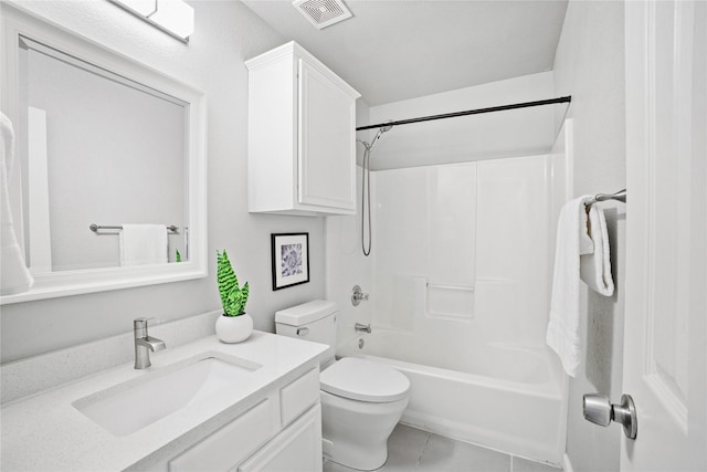 full bath featuring tile patterned floors, visible vents, toilet, vanity, and  shower combination