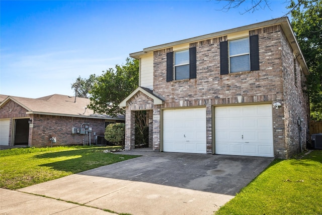 traditional-style home featuring a garage, central AC unit, driveway, and a front lawn