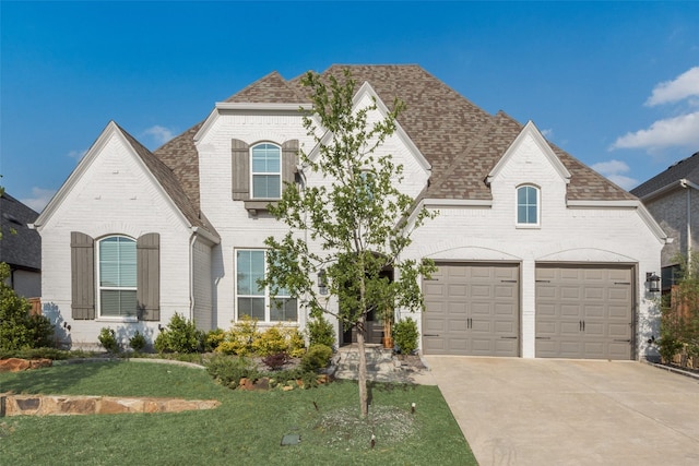 4600 Paintbrush Way, Aubrey, TX 76227 - french country style house featuring concrete driveway, brick siding, roof with shingles, and a front yard