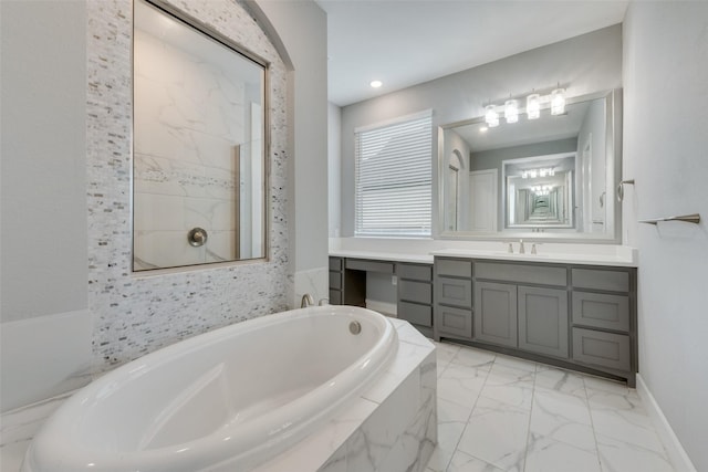 4600 Paintbrush Way, Aubrey, TX 76227 - full bathroom with a bath, marble finish floor, vanity, and tiled shower