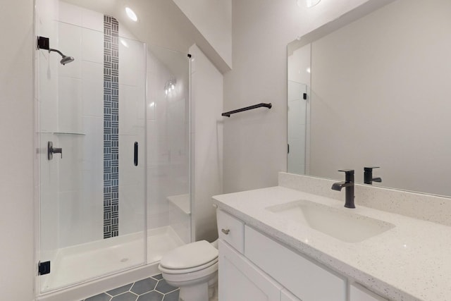 bathroom with vanity, toilet, and a stall shower