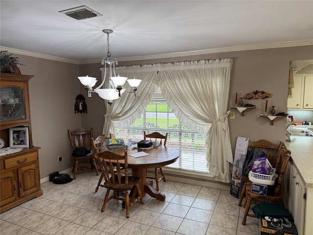 dining area with visible vents, an inviting chandelier, marble finish floor, and crown molding