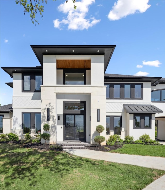 4120 Ridgecrest Dr, Flower Mound, TX 75022 - exterior space with metal roof, a standing seam roof, a yard, and stucco siding