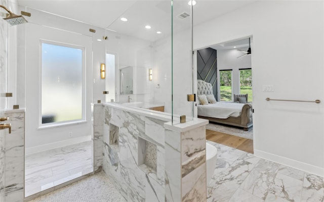 4120 Ridgecrest Dr, Flower Mound, TX 75022 - ensuite bathroom with a marble finish shower, connected bathroom, marble finish floor, visible vents, and recessed lighting