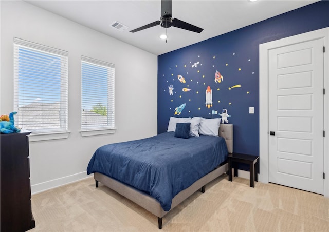 4120 Ridgecrest Dr, Flower Mound, TX 75022 - bedroom with light carpet, baseboards, visible vents, and ceiling fan