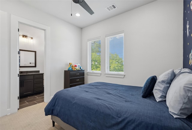 4120 Ridgecrest Dr, Flower Mound, TX 75022 - bedroom with recessed lighting, ceiling fan, visible vents, light carpet, and ensuite bathroom
