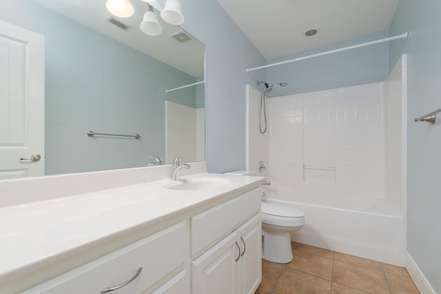 bathroom with shower / bathing tub combination, vanity, toilet, tile patterned flooring, and visible vents