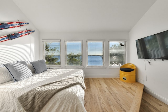 bedroom featuring lofted ceiling, wood finished floors, multiple windows, and baseboards