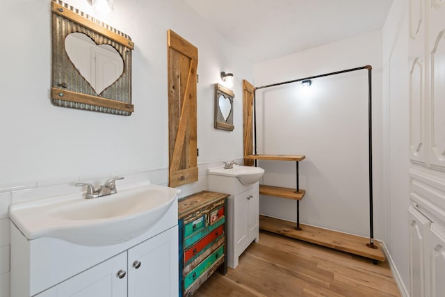 bathroom with two vanities, wood finished floors, and a sink