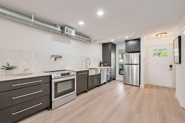kitchen featuring recessed lighting, light wood finished floors, a sink, tasteful backsplash, and appliances with stainless steel finishes