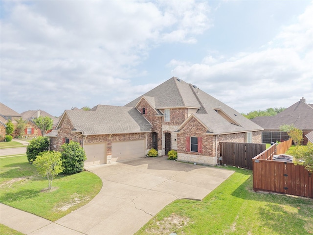 french provincial home featuring a gate, fence, a front lawn, brick siding, and a garage