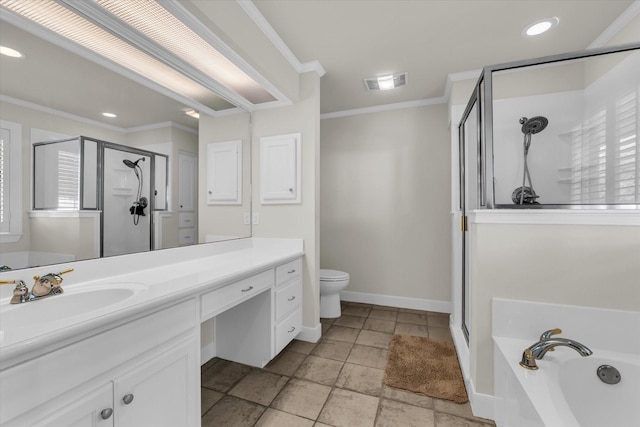 full bathroom with a shower stall, a garden tub, crown molding, vanity, and visible vents