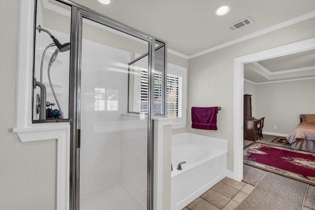 ensuite bathroom featuring visible vents, a garden tub, a stall shower, and ensuite bathroom