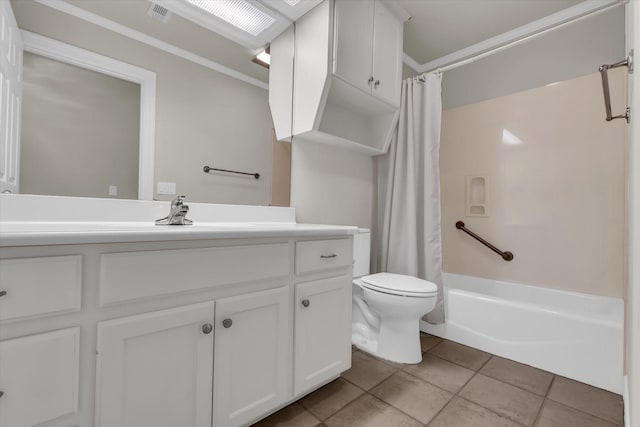 bathroom with vanity, toilet, visible vents, shower / bath combination with curtain, and ornamental molding