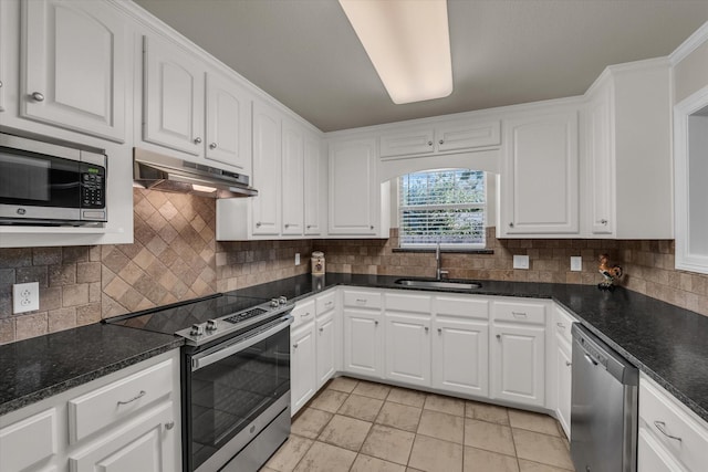 kitchen featuring white cabinets, stainless steel appliances, under cabinet range hood, and a sink