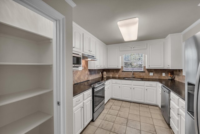 kitchen featuring stainless steel appliances, backsplash, dark countertops, a sink, and white cabinetry