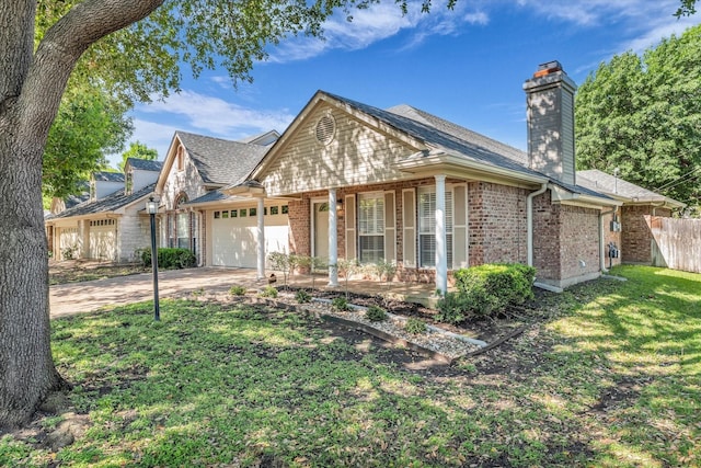 view of front of home with a chimney, concrete driveway, a porch, brick siding, and a garage