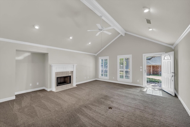 unfurnished living room featuring visible vents, carpet floors, baseboards, a fireplace, and ceiling fan
